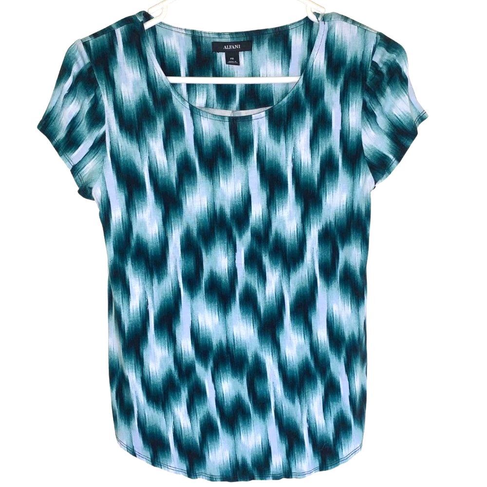 ALFANI Teal Vertical Print Short Sleeve Scoop Neck Top Size  PS